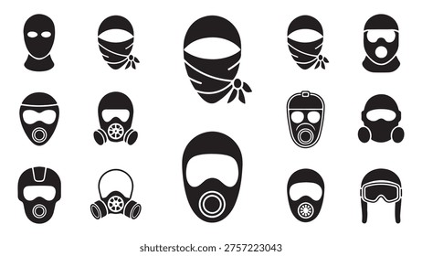 Collection of various headwear and face protection icons including balaclavas, gas masks, and scarves for security.
