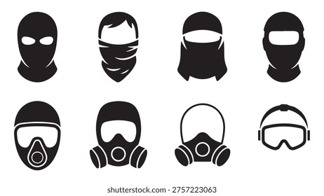 Collection of various headwear and face protection icons including balaclavas, gas masks, and scarves for security.