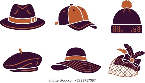 A collection of various headwear icons including a fedora, baseball cap, beanie, beret, sun hat, and a formal fascinator with a veil.