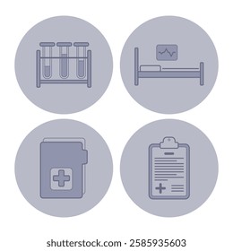 Collection of various healthcare icons including test tubes, patient bed, medical record, and clipboard for patient information