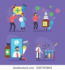 Collection of various health-related activities, including individuals dealing with medication, medical professionals in action, and laboratory research