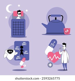 Collection of various health-related activities, including sleep, herbal tea preparation, health monitoring, and doctor consultations. Well-being and relaxation concept