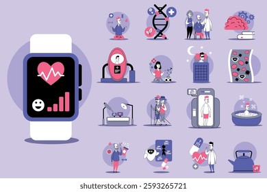 Collection of various health-related icons and activities. Importance of wellness in daily routines. Technology, exercise, and medical concepts