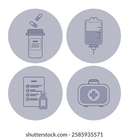 Collection of various health-related icons, including pill bottle, IV bag, checklist, and first aid kit. Medical care and wellness concept