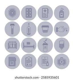 Collection of various health-related icons including medical tools, medications, and care items. Importance in healthcare concept