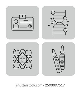 Collection of various health-related icons, including medical ID, DNA structure, atom with health cross, and vials representing medication