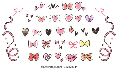 Collection of various heart and ribbon elements. Hand-drawn style