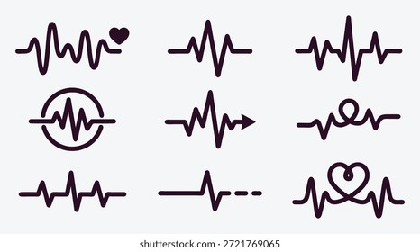 Coleção de vários ícones e sinais de batimento cardíaco e linha de eletrocardiograma