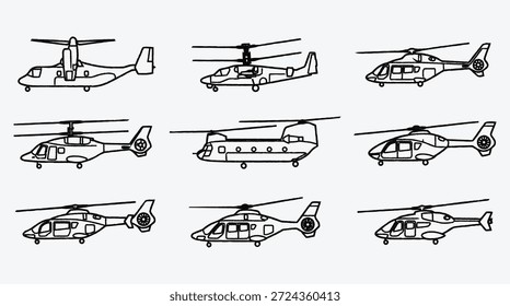Coleção de vários modelos e projetos de helicópteros mostrados em perfil
