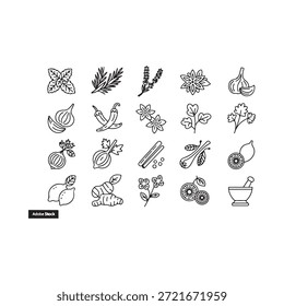 Coleção de várias ilustrações de ervas e especiarias em um estilo monocromático
