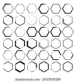 Collection of various hexagon outlines in different styles, ranging from geometric to handdrawn, isolated on white background. Vector illustration. EPS 10.