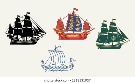 Collection of various historical ship types including a galleon a junk ship a clipper and a viking drakkar.