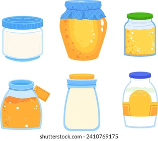 Collection of various honey jars with labels and lids. Different styles of honey containers with golden liquid inside. Kitchen and food, sweet organic product vector illustration.