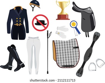 Collection of various horse dressage tools and riding wear for competition or training vector illustration. Colorful equestrian set isolated on white background.