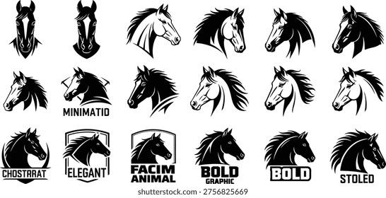 Collection of various horse head silhouettes and stylized illustrations