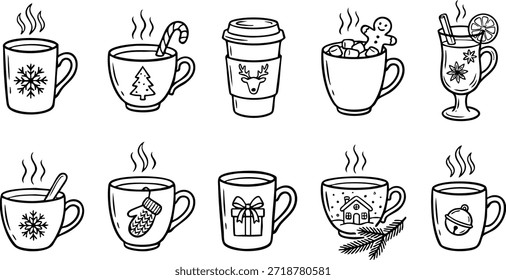 Collection of various hot beverage cups and mugs with different designs and shapes in a grid layout