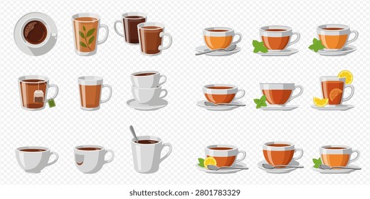 A collection of various hot beverages, including different types of tea and coffee, presented in an array of cups and mugs.