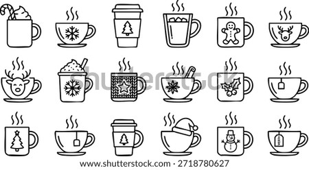 Collection of various hot beverages and teas illustrated in simple black and white graphics