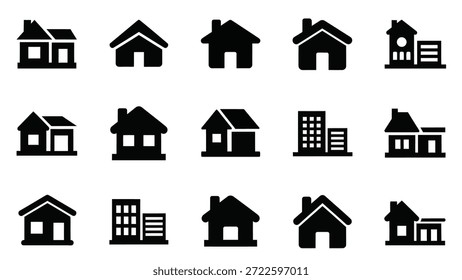 Collection of various house icons in different architectural styles and designs