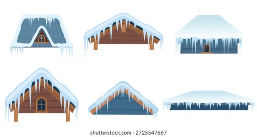 Eine Sammlung von verschiedenen Hausdächern mit dicken weißen Schnee und hängenden gefrorenen Eiszapfen bedeckt. Diese Vektorgrafik zeigt verschiedene architektonische Stile, die perfekt für den Winterurlaub und saisonale Designs geeignet sind.