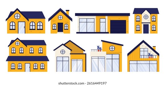 Collection of Various House Styles Illustrations Set of diverse house concept in flat design including modern, traditional, minimalist, and cottage-style homes, perfect for real estate, housing