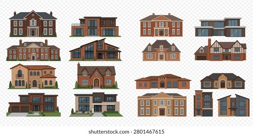 A collection of various house styles, including modern, traditional, and suburban designs, featuring different architectural elements and facades.