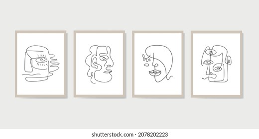 Collection of various human faces abstract shape. People sketch.  Continuous line drawing abstract portraits of people. Modern art. Modular picture. For wall decor, home art. Vector illustration. 