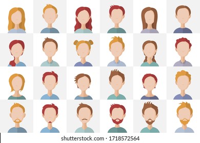 Collection of various human faces illustrations. Bundle of girl and man icons. Vector.