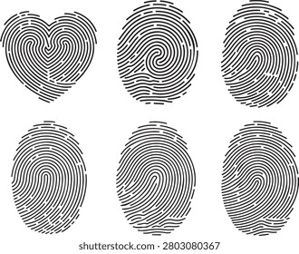 Collection of various human fingerprint designs, including a heart-shaped print, circular whorls, and loop patterns, isolated on a white background.