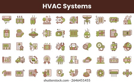 Colección de varios íconos del sistema de HVAC que muestran componentes de calefacción, ventilación y aire acondicionado en un estilo de diseño moderno.