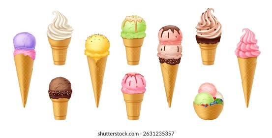 Collection of various ice cream cones and bowls. Bright and colorful scoops with toppings create a joyful summer vibe. Perfect for dessert themes and party invitations.
