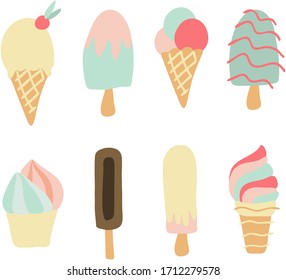 Collection of various ice cream and eskimo pie, flat vector illustration isolated on white background