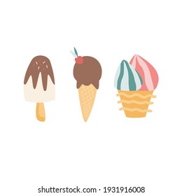 Collection of various ice cream and eskimo, flat vector illustration isolated on white background