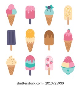 Collection of various ice cream icons. Summer set. Vector illustration isolated on white background.