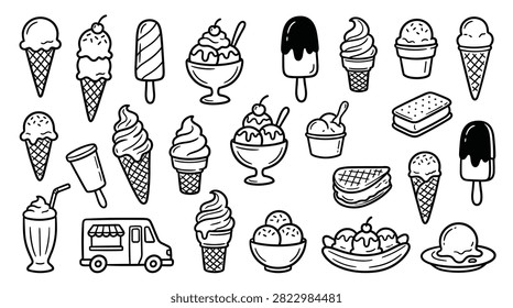 Collection of various ice cream illustrations featuring classic waffle cones soft serve swirls sundae bowls with cherries chocolate dipped popsicles milkshake with straw food truck and dessert sandwiches crafted in clean black line art style for culinary projects and cafe menu graphics.