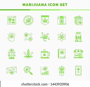 Collection of various icons about marijuana/cannabis in filled outline style, with dual tone fill colors.
