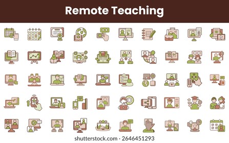 A collection of various icons depicting remote teaching elements, including online classes, communication tools, and digital resources in a playful, illustrative style.