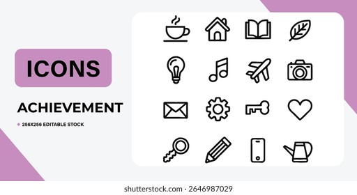 Collection of various icons for different purposes, including book, coffee, idea, leaf, and more.  Perfect for various projects. Isolated on white background.