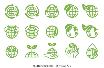 A collection of various icons expressing recycling, greening, etc. with the theme of global ecology.