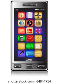 Collection of various icons located against the touch display of a modern mobile phone