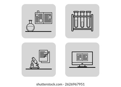 Collection of various icons related to education, highlighting laboratory equipment and study tools such as beakers, microscopes, and test tubes. Perfect for educational purposes