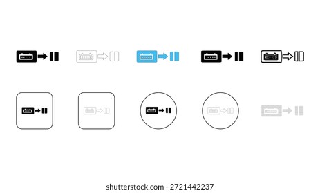A collection of various icons representing data transfer or connection processes, showing an input device leading to an output. Icons are presented in multiple design styles including filled, outline,