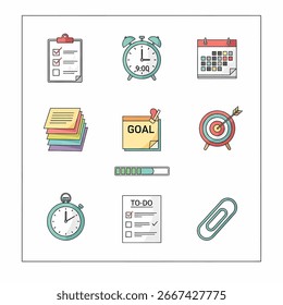 Colección de varios íconos que representan la gestión del tiempo, la planificación y el establecimiento de objetivos. Incluye una lista de comprobación, reloj y calendario.