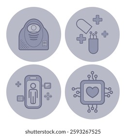 Collection of various icons symbolizing health technology advancements. Devices for monitoring health, medical capsules, data tracking, and health informatics