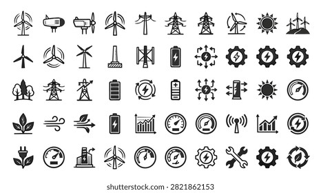 A collection of various icons and symbols representing energy, power, and renewable resources