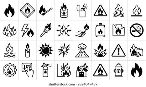 A collection of various icons and symbols representing fire, danger, and warnings in a simple line art style.