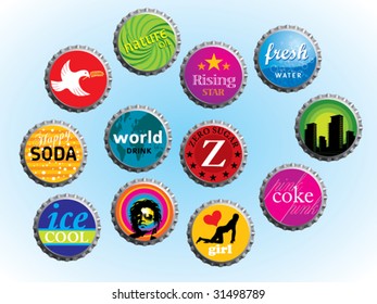 Collection of various illustrated bottle caps.