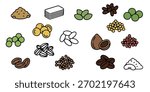 A collection of various illustrated seeds, nuts, grains, and beans. The simple icons are shown on a clean white background, representing different types of crops and food staples.