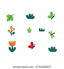 Sammlung verschiedener Illustrationen von Pflanzen und Insekten in einer Gartenumgebung von oben nach unten.
