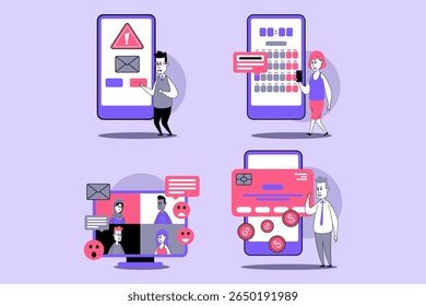 Collection of various individuals interacting with digital devices, highlighting activities like messaging, scheduling, and video conferencing